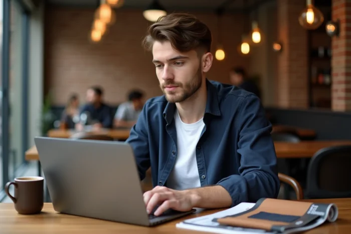 Homme tendance consultant des conseils mode sur un ordinateur portable dans un café urbain
