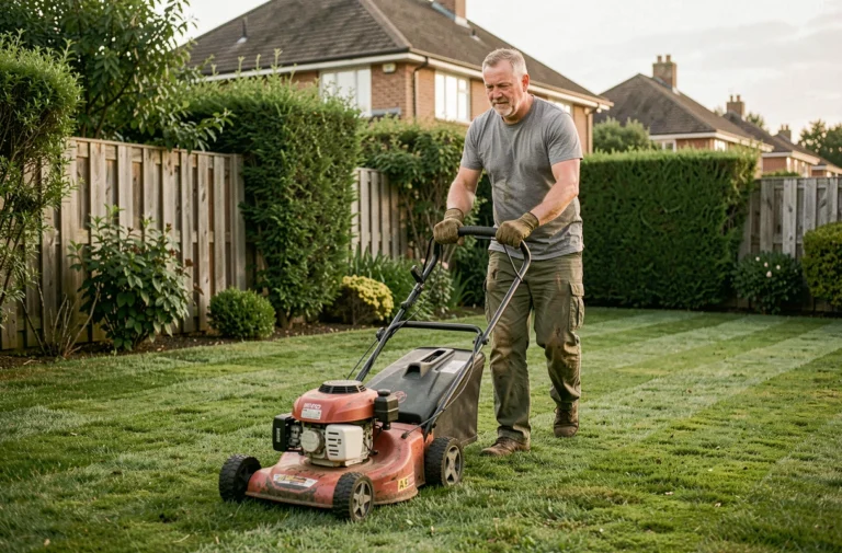 Homme utilisant une tondeuse thermique autoportée dans un jardin résidentiel bien entretenu