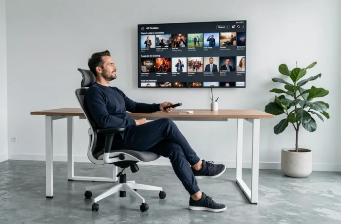 Homme regardant du contenu en streaming français sur une télévision 4K dans un bureau moderne et minimaliste
