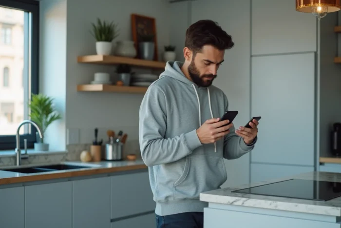 Homme utilisant une application VPN sur smartphone pour protéger sa navigation et sa vie privée en ligne