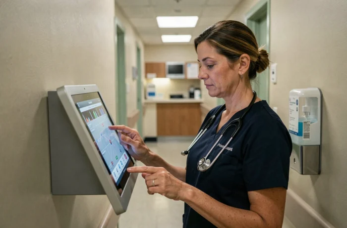 Infirmière utilisant un terminal numérique médical dans un couloir d'hôpital pour accéder à un portail de santé en ligne