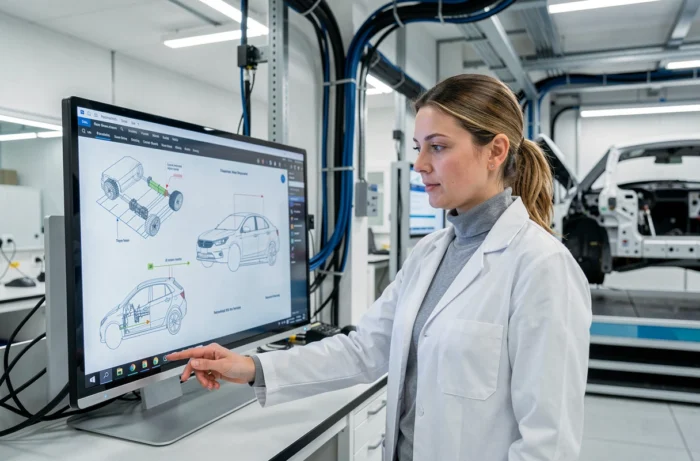 Ingénieure automobile analysant des schémas de conduite autonome sur un écran tactile dans un laboratoire de recherche et développement high-tech