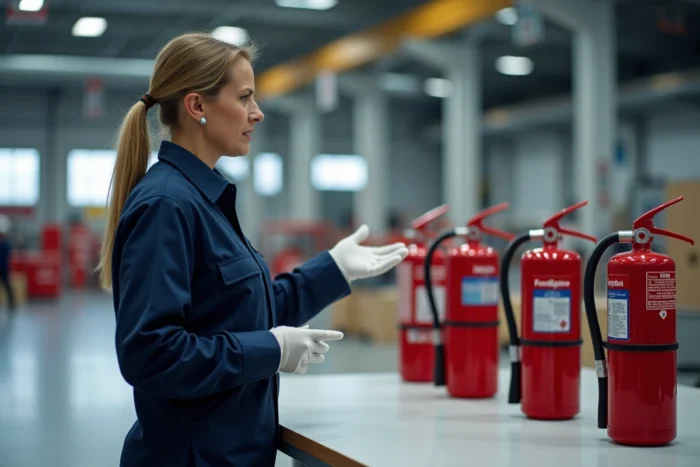 Instructrice en sécurité incendie présentant différents types d'extincteurs classés par catégorie de feu dans un atelier industriel