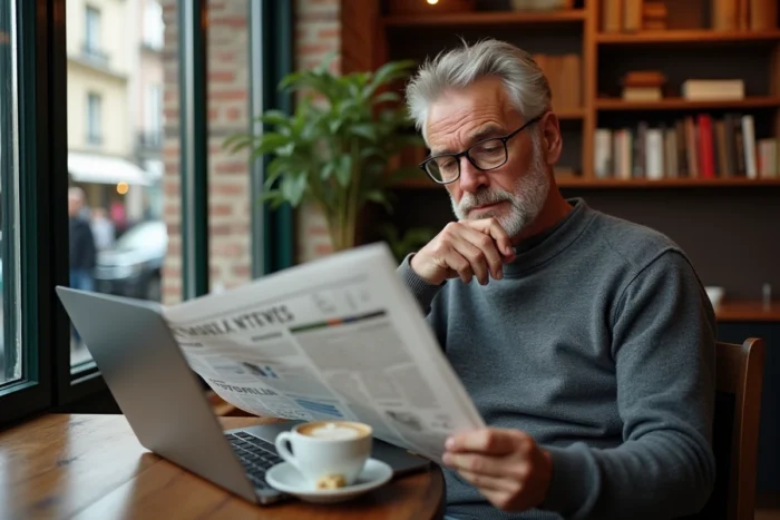 Investisseur lisant le journal financier avec des notes manuscrites dans un café parisien, laptop ouvert sur un tableau de bord boursier