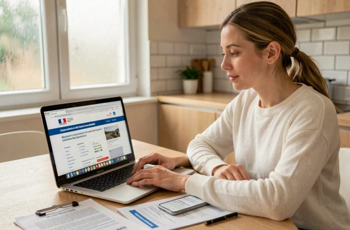 Jeune femme effectuant une demande d'acte de naissance français en ligne depuis l'étranger