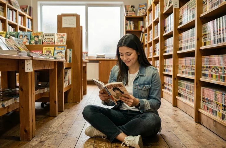 Jeune femme lisant un manga célèbre dans une librairie spécialisée manga, entourée de rayons classés par ordre alphabétique