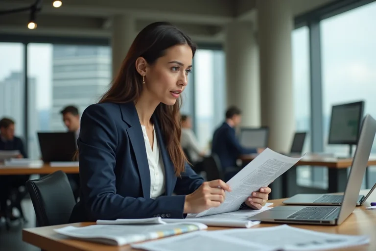 Journaliste femme analysant des journaux et actualités dans une salle de rédaction moderne