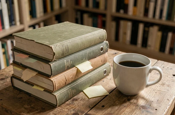 Pile de livres et scénario fermé sur une table en bois, évoquant la fin définitive d'une adaptation télévisée