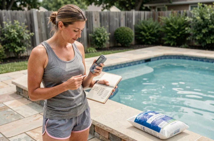 Une femme vérifie le taux de sel de sa piscine avec un salinomètre numérique au bord du bassin