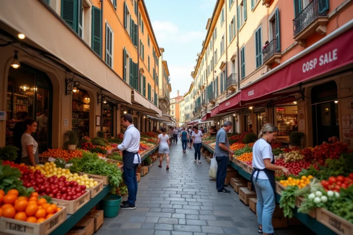 Marché traditionnel du Cours Saleya à Nice avec étals de fruits, légumes et fleurs fréquentés par les habitants du quartier