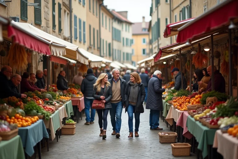 Marché local animé dans une place de village française avec des stands de fruits légumes et artisanat