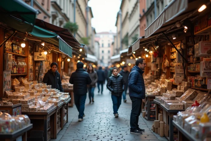 Marché urbain présentant côte à côte un stand de retail officiel et un stand de revente avec des clients en train de comparer les offres