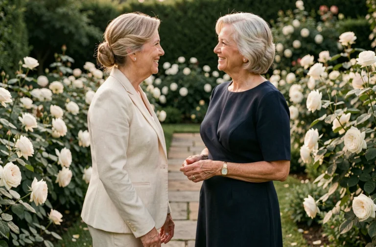 Deux femmes élégantes échangeant des sourires tendres lors d'une cérémonie de mariage intime en jardin fleuri