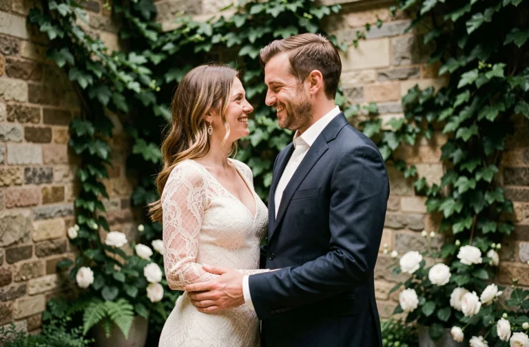 Couple élégant en tenue de mariage discrète dans un jardin avec des murs en pierre couverts de lierre