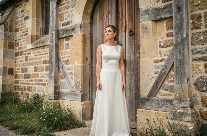 Mariée en robe de satin ivoire devant une chapelle en pierre de campagne française