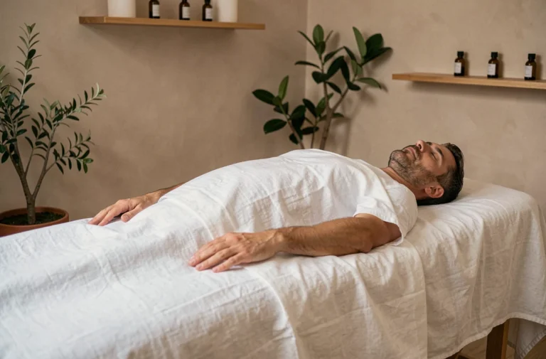 Homme allongé sur une table de massage dans un spa parisien haut de gamme, en état de relaxation profonde