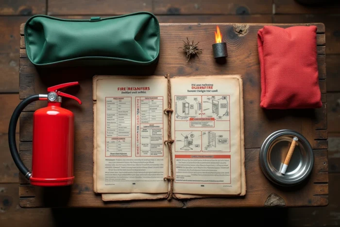 Vue aérienne d'un équipement de sécurité incendie comprenant extincteur, couverture anti-feu et guide des classes de feu sur une table en bois