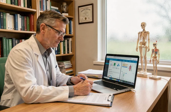 Médecin généraliste analysant les différences entre Medisys Portail et Medisysnet sur un ordinateur portable dans son cabinet