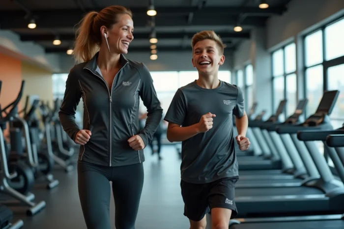 Mère et fils faisant de la cardio ensemble dans une salle Basic Fit dans le cadre d'un abonnement familial partagé