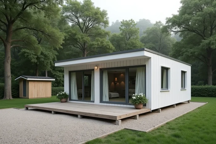 Mobil home moderne installé sur terrain privé avec terrasse en bois et cadre naturel arboré