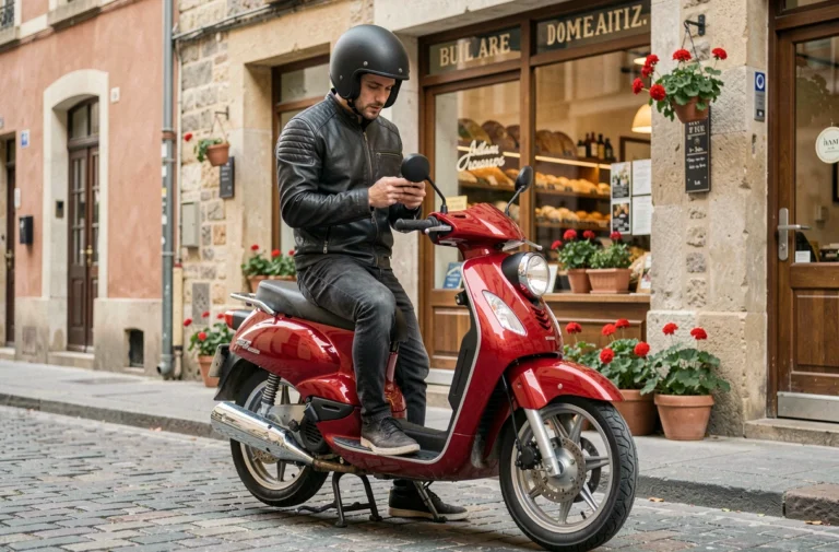 Jeune homme avec une moto 50cc rouge homologuée garée dans une rue pavée française