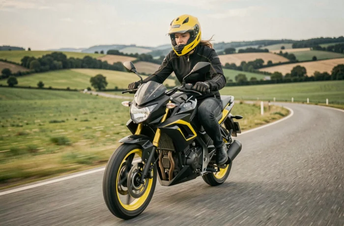 Femme en moto 50cc sportive noire et jaune sur une route de campagne française