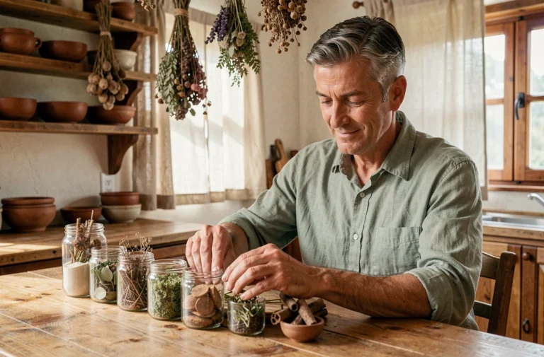 Didier Pinel naturopathe arrangeant des plantes médicinales séchées dans une cuisine rustique en bois