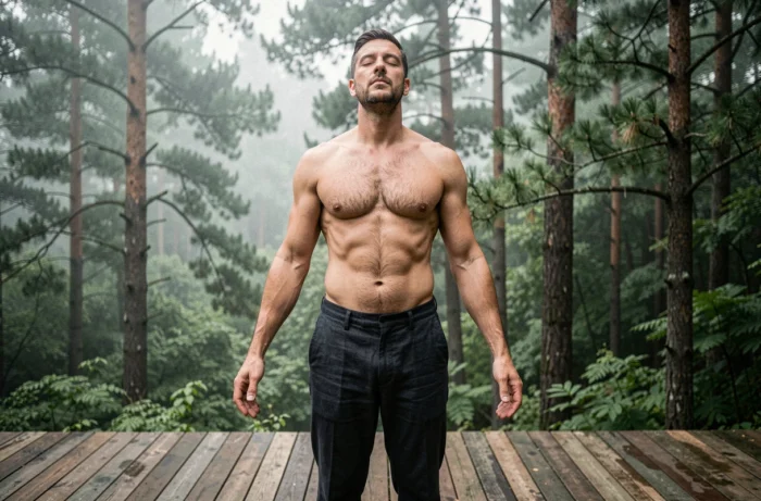 Homme pratiquant des exercices de respiration profonde pour le nettoyage énergétique du corps en forêt sur une terrasse en bois