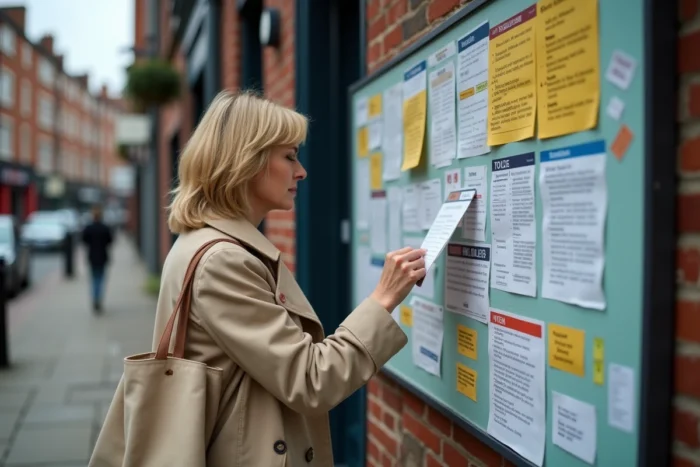 Femme lisant un panneau d'affichage communautaire avec des annonces d'événements locaux en ville