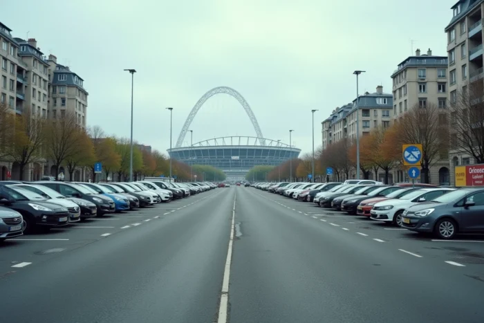 Parking bondé près du Stade de France avec des voitures garées et l'arche du stade visible en arrière-plan