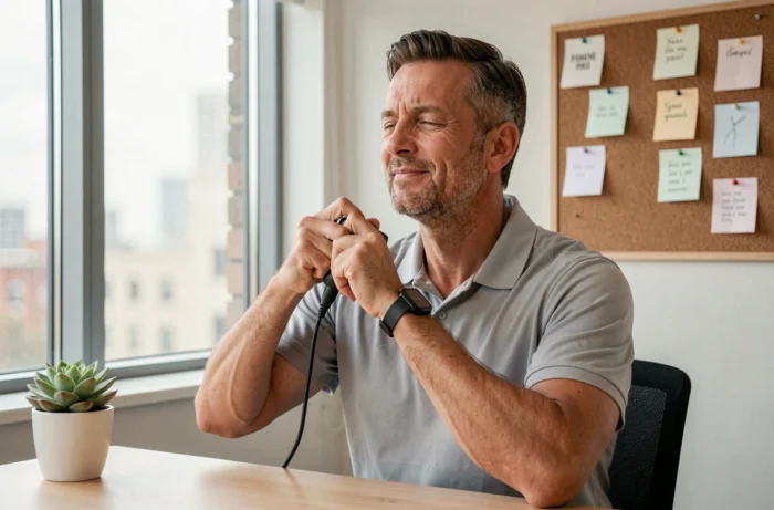 Homme utilisant un appareil de massage pour soulager la tension musculaire lors d'une pause bien-être dans son bureau privé
