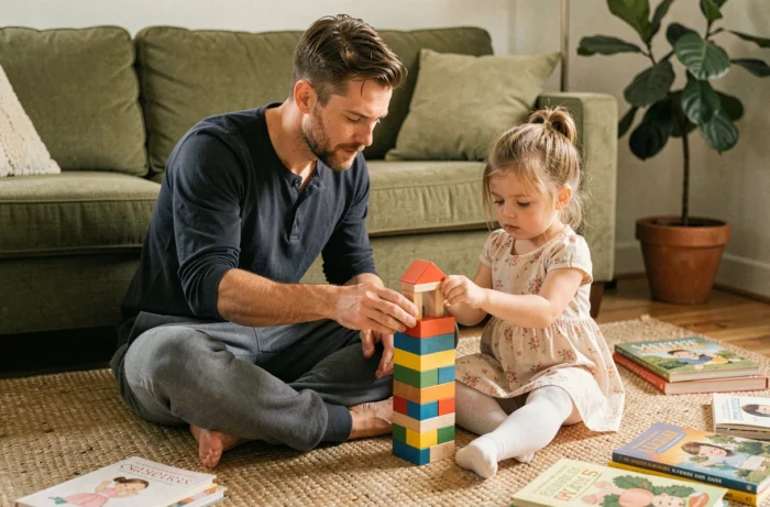 Père et sa jeune fille concentrés sur un jeu de construction en bois dans un salon familial cosy, moment de complicité parentale