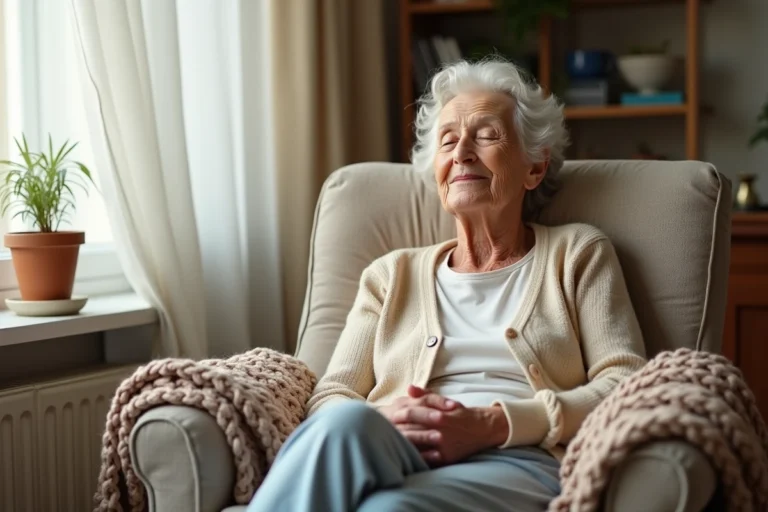 Femme âgée aux yeux fermés assise dans un fauteuil confortable près d'une fenêtre, expression paisible et reposée dans un salon chaleureux