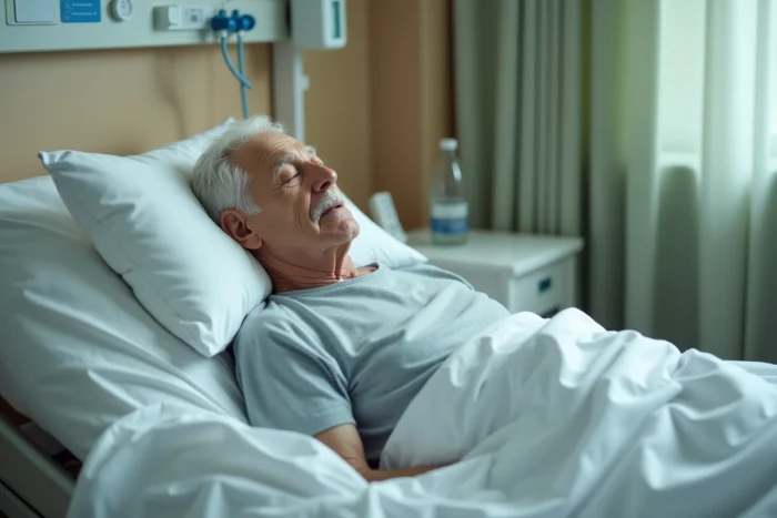 Homme âgé aux yeux fermés allongé dans un lit d'hôpital, expression calme et détendue dans une chambre médicale apaisante