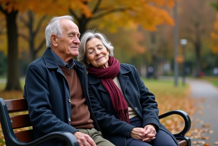 Couple de personnes âgées assis sur un banc de parc en automne, la femme aux yeux fermés appuyée contre son compagnon dans une atmosphère sereine