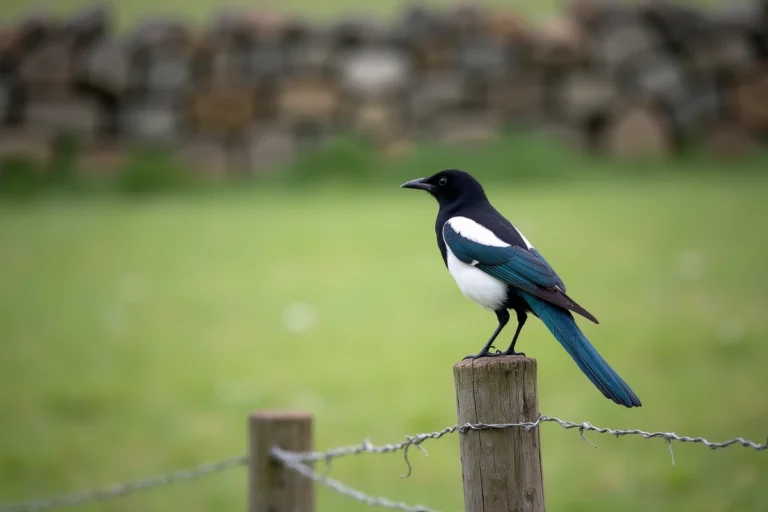Une pie bavarde perchée sur un vieux piquet en bois dans la campagne, montrant son plumage noir et blanc irisé caractéristique