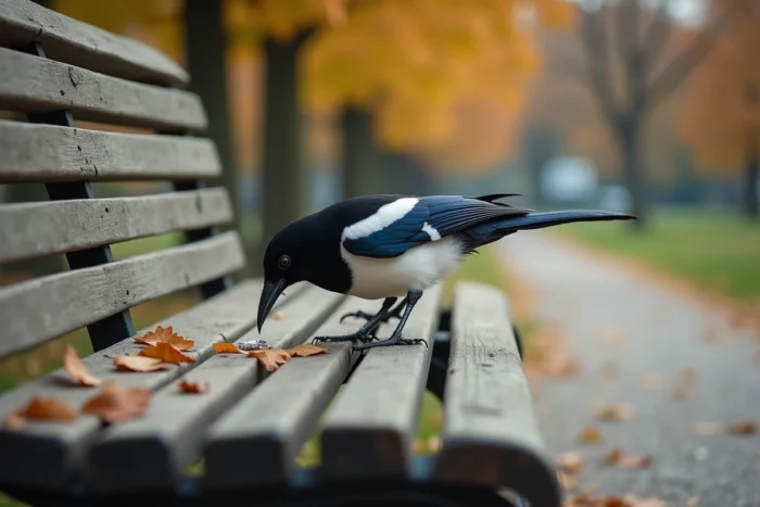 Une pie urbaine examinant un objet brillant sur un banc de parc, illustrant le comportement souvent associé au mythe de la voleuse