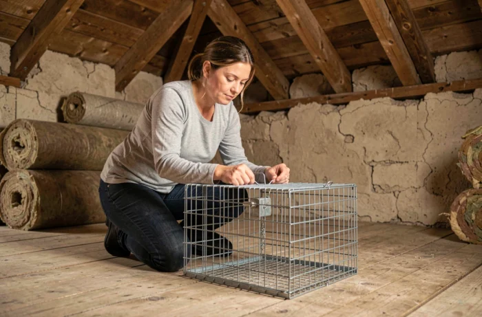 Femme installant un piège-cage non létal en fil métallique dans les combles d'une maison pour capturer une fouine