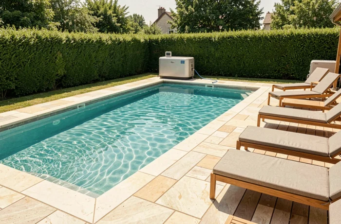 Piscine au sel propre et transparente dans un jardin bien entretenu, vue grand angle sur l'ensemble du bassin et la terrasse environnante