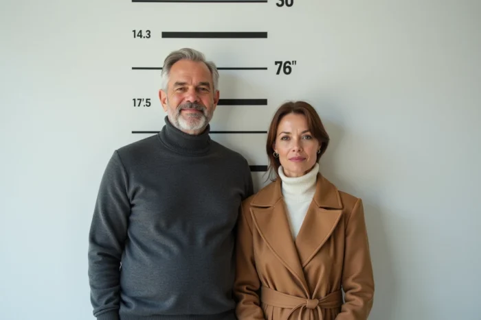 Portrait de trois quarts d'un homme et d'une femme de grande stature devant une échelle de mesure murale, illustrant la taille réelle de personnalités françaises