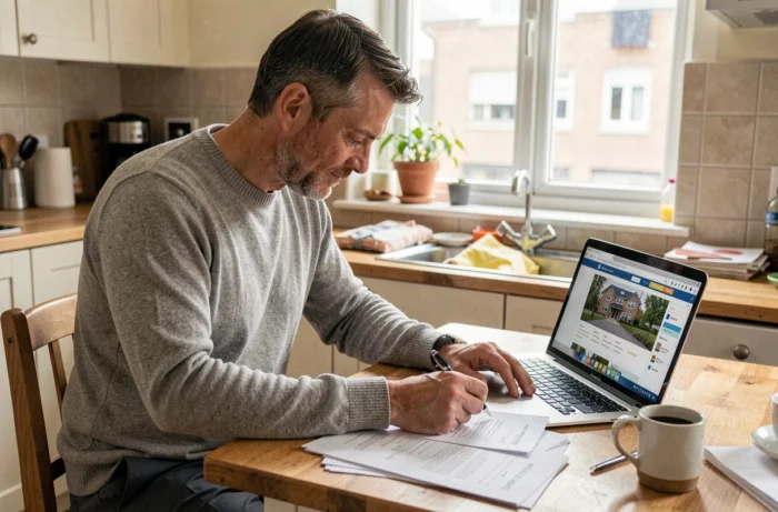Homme organisant ses documents de location immobilière à la maison devant un ordinateur