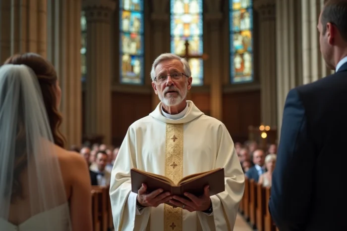Prêtre célébrant lisant l'acte de mariage religieux devant les mariés à l'autel d'une église