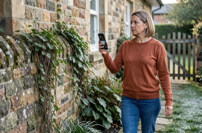 Femme inspectant l'extérieur de sa maison avec un smartphone pour détecter des traces de fouine avant une installation