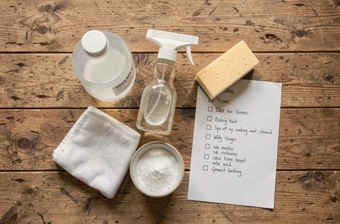 Vue de dessus des produits pour nettoyer un spa au vinaigre blanc sur une table en bois