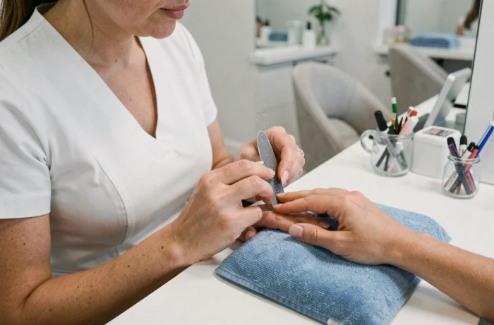 Technicienne en manucure limant délicatement la porcelaine sur les ongles d'une cliente dans un salon professionnel