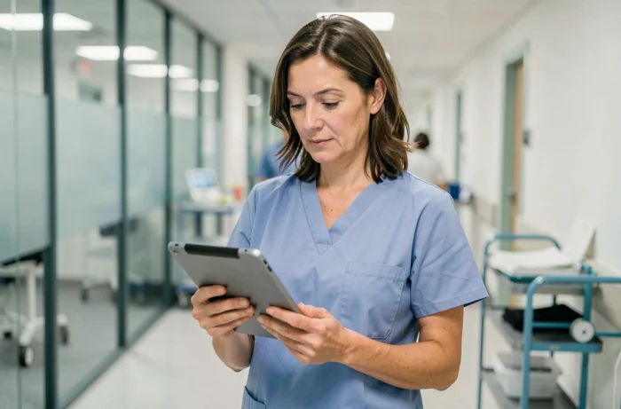Professionnelle de santé en blouse médicale bleue consultant une tablette numérique dans un couloir d'hôpital moderne