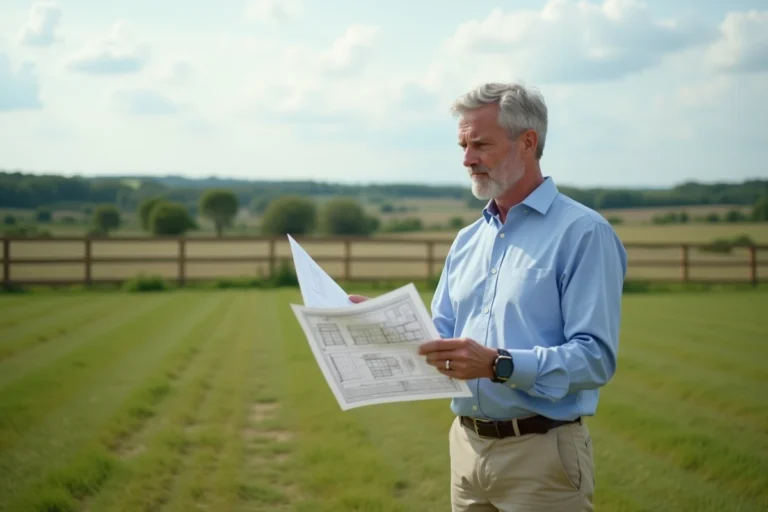 Propriétaire consultant des plans d'aménagement sur un terrain rural pour l'installation d'un mobil home