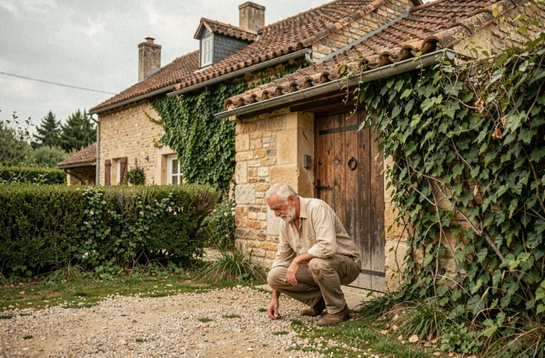 Propriétaire examinant les murs extérieurs de sa maison de campagne en pierre pour détecter des traces d'intrusion de fouine