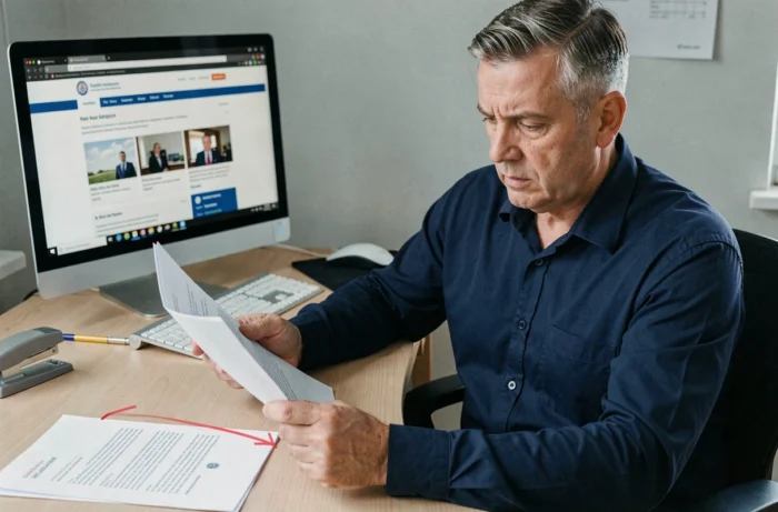 Homme consultant la réglementation officielle sur le piégeage de la fouine pour la période 2026-2029 à son bureau