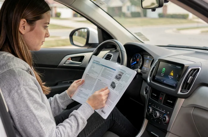 Femme consultant le manuel de sa voiture pour réinitialiser les paramètres après un changement de batterie